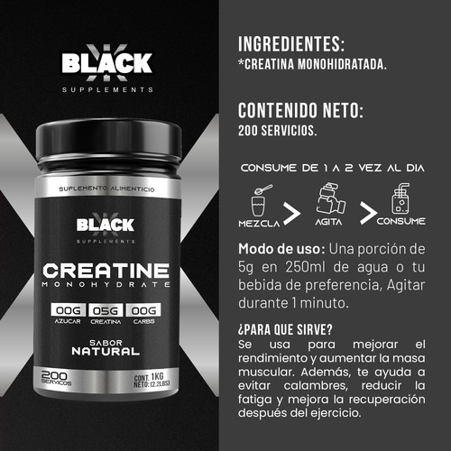 Black Supplements Creatina Monohidratada 1kg 200 Servs Sin Sabor