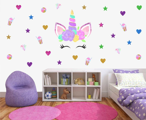 Adesivo Parede Unicornio Glitter + 20 Corações E 24 Estrelas