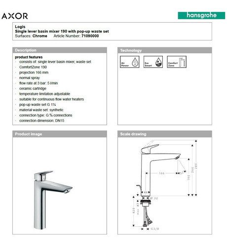 Hansgrohe Logis 190 Monomando Lavabo Cromo Cv 71090000