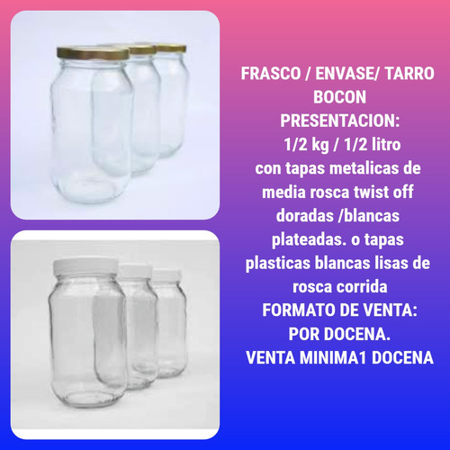 Frasco D Vidrio C/tapas Para Salsas, Dulcería Y +  Cap500gr 
