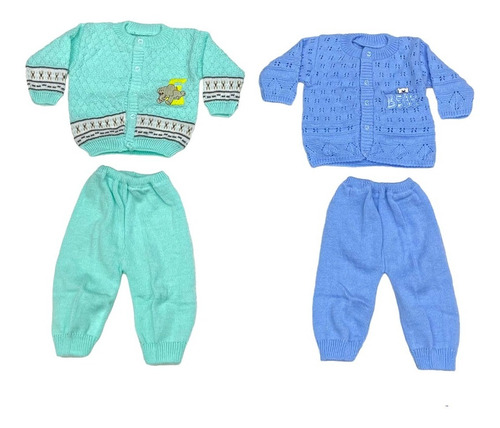Set 2 Conjunto Tejido Acrilan 2 Chambrita Y 2 Pantalón Bebé