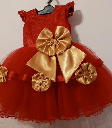 Vestido De Fiesta Bebe Nena Color Rojo Moño Dorado