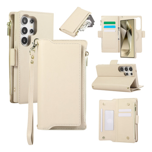 Funda Tipo Cartera Con Cierre Para Samsung Galaxy S23 Fe S24 S22 S21 S20, De Lujo, Multifunción, 6 Tarjetas, Piel Con Cordón Shou