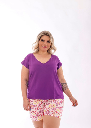 Pijama Feminino Blusa E Shorts Estampado Plus Size Mazal