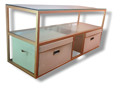 Rack Mueble Tv Moderno Dorado Con Organizadores 2 Niveles