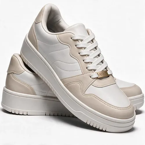 Tênis Feminino Casual Plataforma Atma Confortável Estiloso Branco E Bege Liso 37 Br