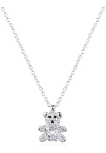 Collar Oso Circón Corazón Plata Fina 925