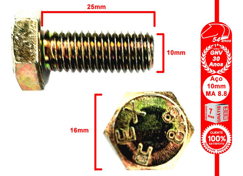 Imagem 2 de 5 de Parafuso Sextavado 10x25 Mm 8.8 Ma Rosca Inteira Aco Gnv