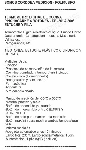 Imagen 3 de 6 de Termometro Digital De Cocina Pinchacarne 4 Botones 300°