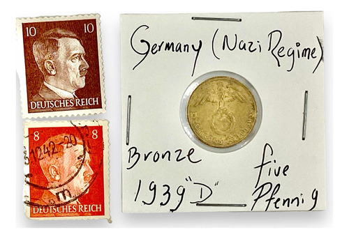 2 Estampilla Hitler + Moneda Bronce Alemana 5 Pfennig 1939 D