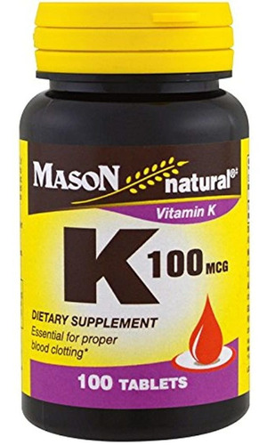 Mason Natural Vitamina K, 100 mcg, Tabletas, 100 ea