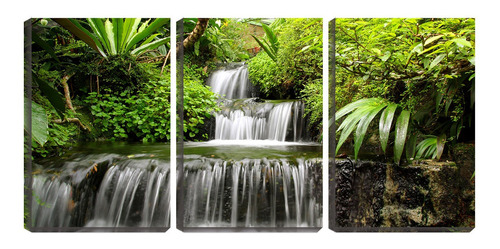 Quadro Canvas 55x110 Folhas Verdes Na Cachoeira