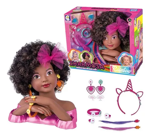 Boneca Charmosa Rainbow Negra Maquiagem Penteado Acessórios