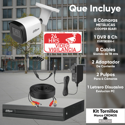 Kit videovigilancia cronos 8 cámaras Dahua bala metálicas B2A51N 5mp + cables + accesorios - kit cctv DH-KIT-MET5MP-PLUS6S (dvr dahua XVR1b08-i circuito cerrado)