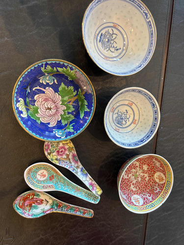 Lote De 4 Bowls Cuencos Chinos Uno Cloisonne Y Tres Cucharas