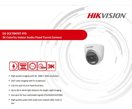 Domo Hikvision Ds-2ce70kfot-pfs 3k Color Vu 