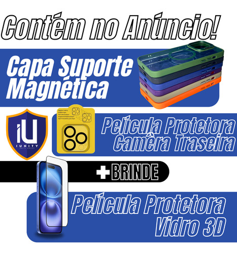 Capa Suporte Apoio Magnética P/ iPhone + Película Vidro 3d