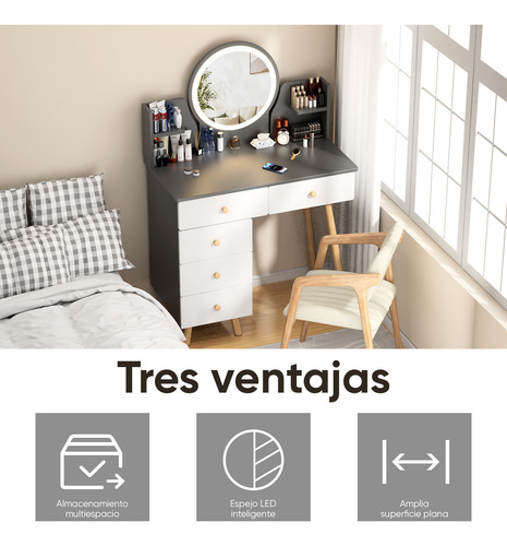 Tocador Con Espejo De Luz Led Y Taburete Comoda Extendible