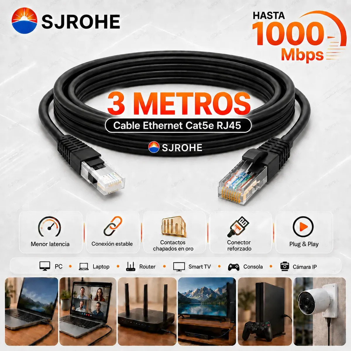 Sjrohe 3 Metros Cable Ethernet Cable De Red 1000mbps Cat 5e Rj45 Cable Utp Cobre Apto Para Routers, Ordenadores, Televisores Y Consolas De Videojuegos Resistente Al Agua Y Al Sol C