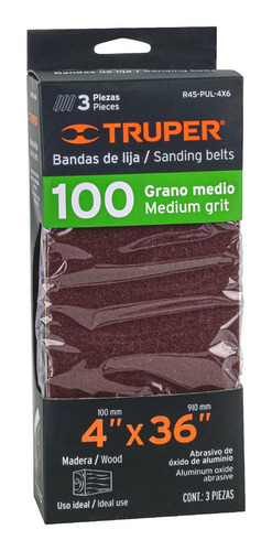 Lija De Banda 4x36´ Grano Medio 100 Para Madera 3pz 16155