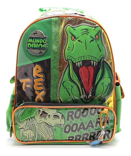 Mochila Escolar Mundo Dinosaurio Trex Fosil 16 PuLG Cresko Color Verde Diseño de la tela Liso