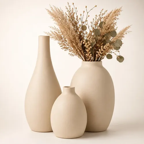 Kit 3 Vasos Decorativos Cerâmica Bulbo Sala Quarto Premium Bege Fosco