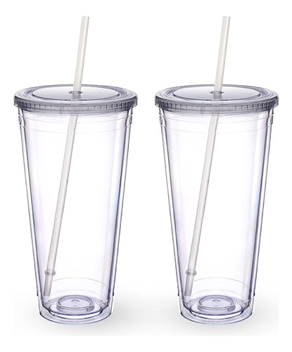 Vaso Acrilico Transparente Con Popote Y Tapa 32 Onzas Doble