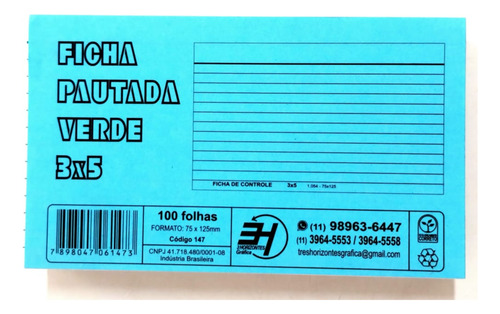 Bloco Ficha Pautada Verde 3x5 100 Folhas
