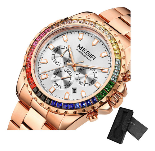 Reloj Cronógrafo Luminoso De Cuarzo Megir Diamond Color De La Correa Oro Rosa