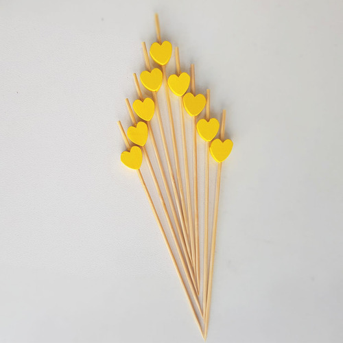 150 Espeto Enfeite Coração Amarelo 12 Cm Evento Lanche Drink