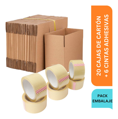 Pack Caja Mudanza /20 Cajas Resistentes + 6 Cintas Adhesivas