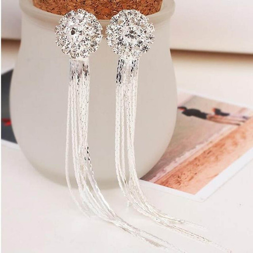 Pendientes largos de fiesta con flecos y delicados diamantes de imitación plateados para mujer