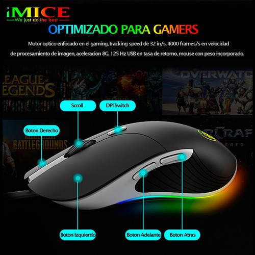 Cable Mouse H'maston X6 Rgb reforzado con 6 botones LED de 1,80 m color negro