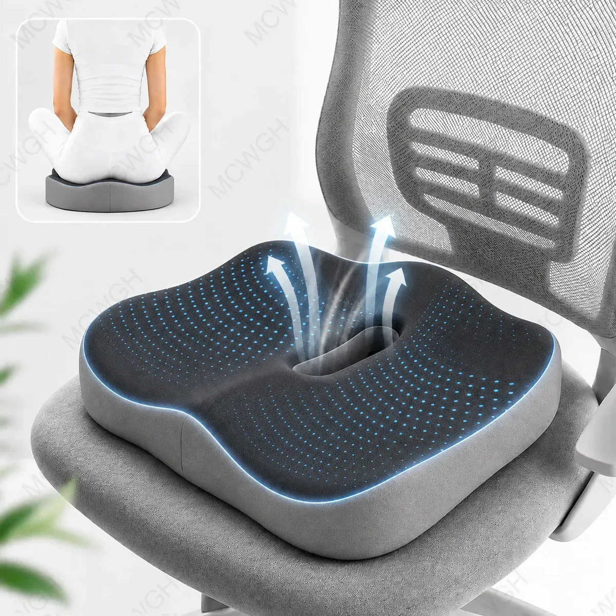 Cojin Ergonomico Para Asiento Oficina Auto Silla Espuma Gel Ventilado Antideslizante Coxis 40x34cm Para Escritorio Viaje Hogar Gris