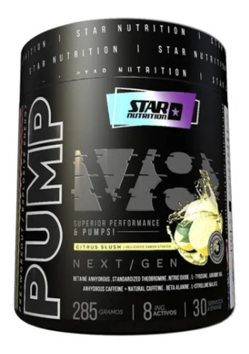 Pump V8 Pre Workout Star Nutrition 285 Gr Cafeína Taurina Sabor Citrus slush