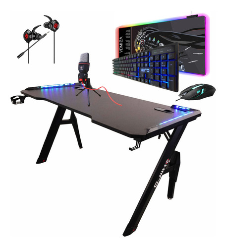 Combo Gamer Rgb Setup Escritorio Inalámbrico Led Audífonos Teclado Negro