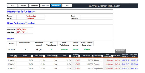 Planilha Controle De Horas Extras Até 300 Funcionários - Vba