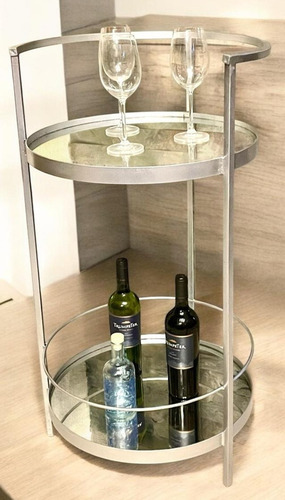 Mini Bar Hierro Circular Plateado 2 Estantes Espejo R013 Ct9 Plateado
