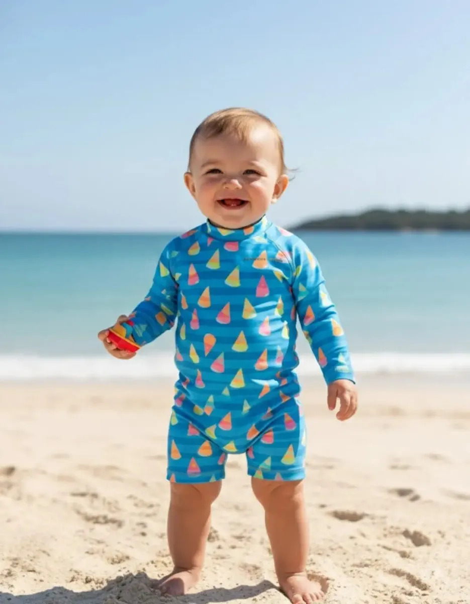 Macacão Bebê Menina com Proteção Solar, Manga Longa Azul Sorvetinho