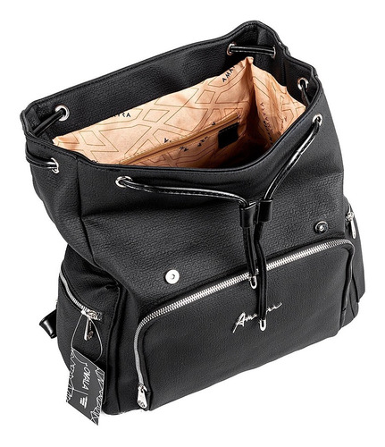 Imagen 6 de 7 de Mochila Eco Cuero Mujer Urbana Negra Bolsillos Amayra