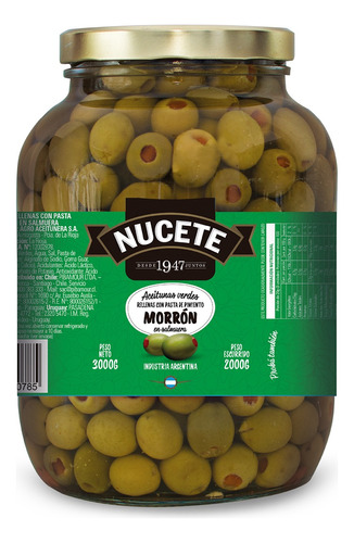 Aceitunas Verdes Rellenas De Morron Nucete Frasco 3 Kilos