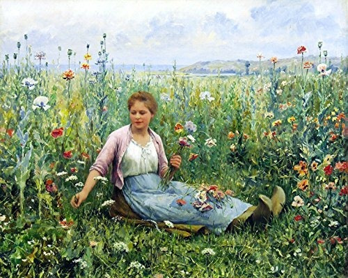 Young Woman Picking Wildflowers Campo Flor Pintura Sobre
