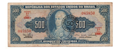 Brasil Billete 500 Cruzeiros Resellado 50 Centavos 1967 #186