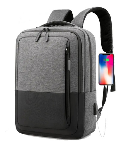 Mochila Phull Travel Porta Notebook Para Carry-on Impermeable Con Puerto Usb - Color Gris