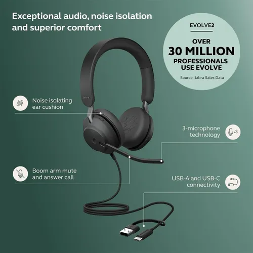 イヤホン Jabra Evolve2 40 SE Auriculares Jabra Evolve2 40 Se Con Cable, Cancelación De Ru Preto