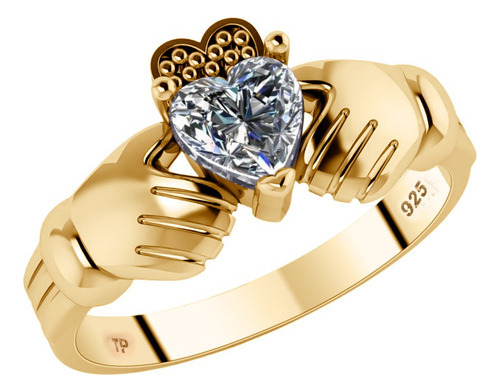 Anel Claddagh Irlandes Prata 925 Dourada 18k - Zircônia 