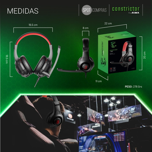 Imagen 6 de 10 de Auricular Gamer Aiwa Constrictor Led Con Mic Auc-1040vl