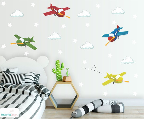 Adesivo De Parede Aviões Nuvens Estrelas Decoração Infantil