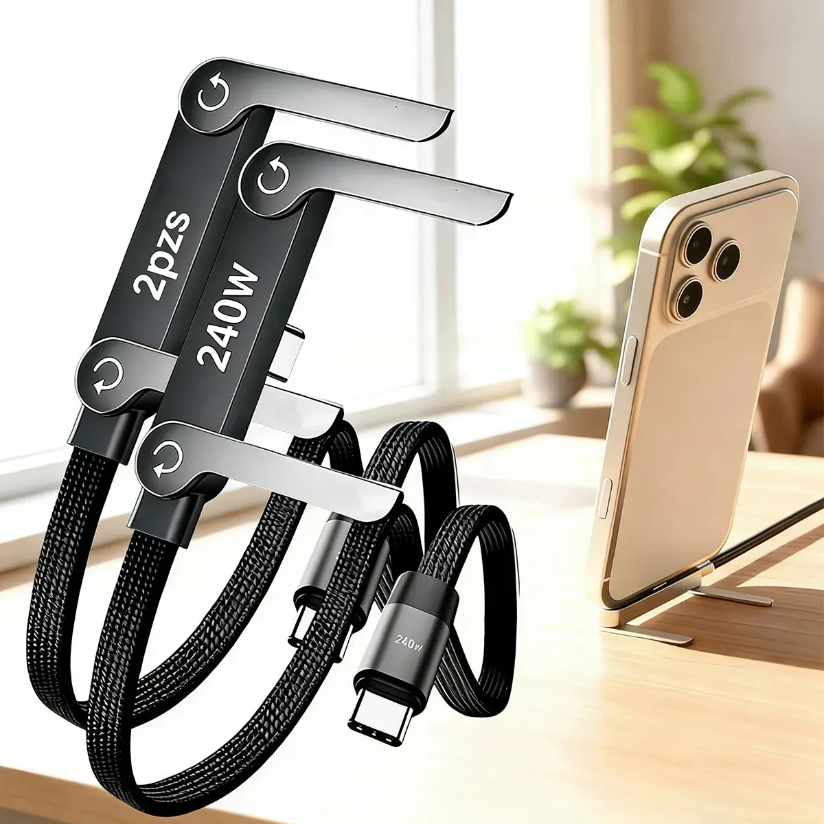 Imagen de Sagubforl 2 Pz Cable De Carga Rápida De 240 W Con Soporte Para Teléfono Integrado 1.5m,2 En 1,para iPhone 17 Pro Max/17 Air/16/15,samsung Galaxy S26 S25 S24 S23 Ultra,z Flip 7/6,a34/a56,xiaomi,huawei