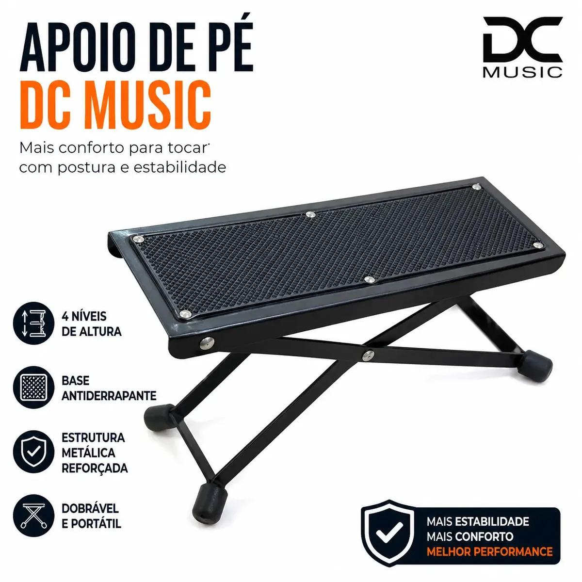 Apoio de Pé DC Music para Violão Guitarra e Baixo com 4 Regulagens de Altura, Base Antiderrapante, Estrutura Metálica Dobrável Resistente para Estudos e Apresentações